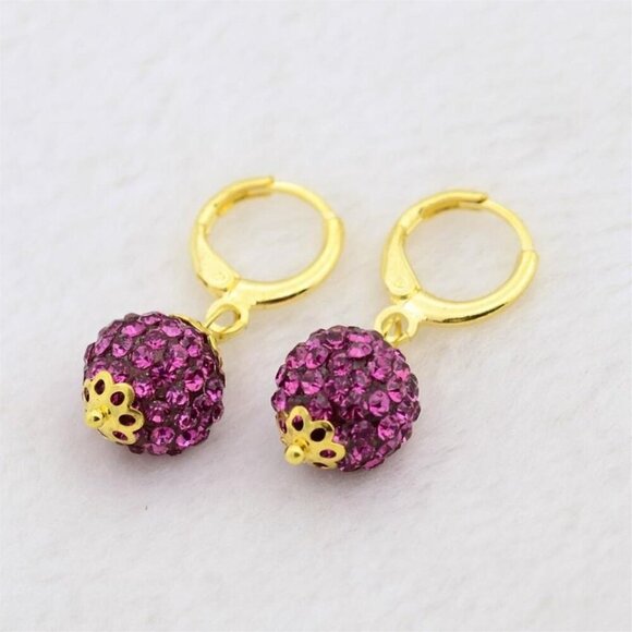 Elegant Fuchsia Austrian Crystal Ball Dangle Pink and Gold Earrings - Picture 2 of 2
